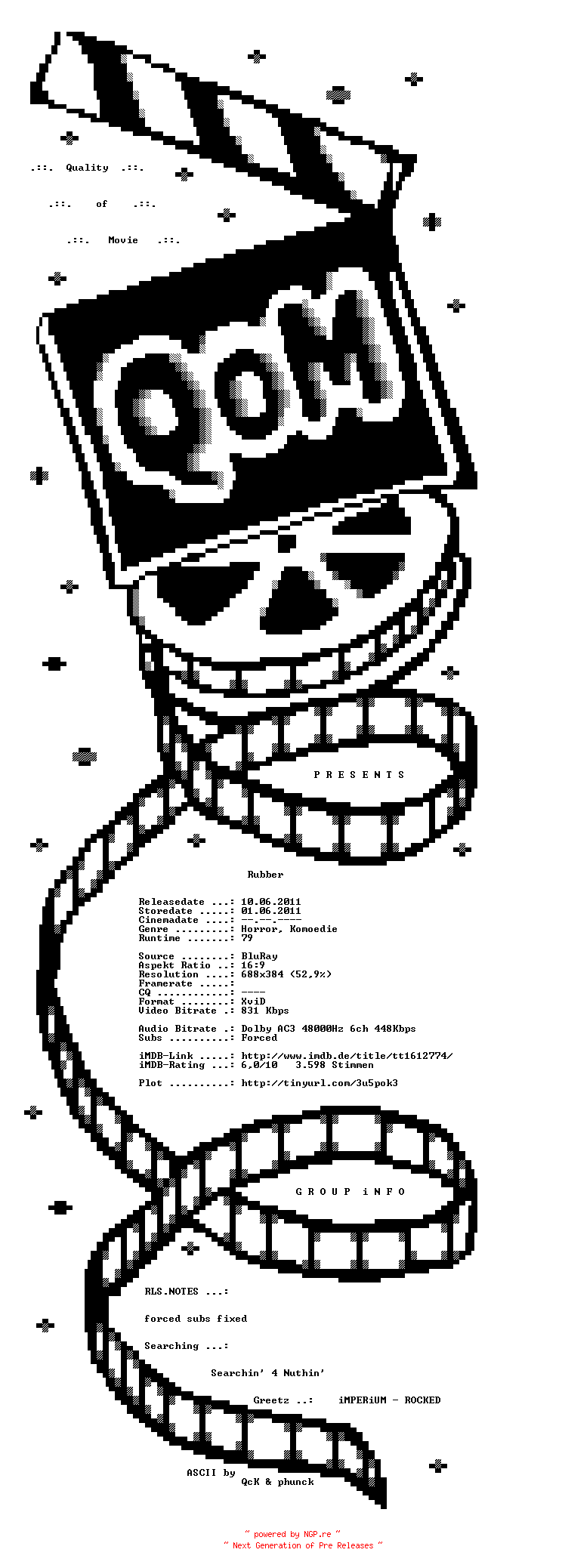 NFO for the release Rubber.German.2010.AC3.BDRip.REPACK.XviD-QoM by QoM