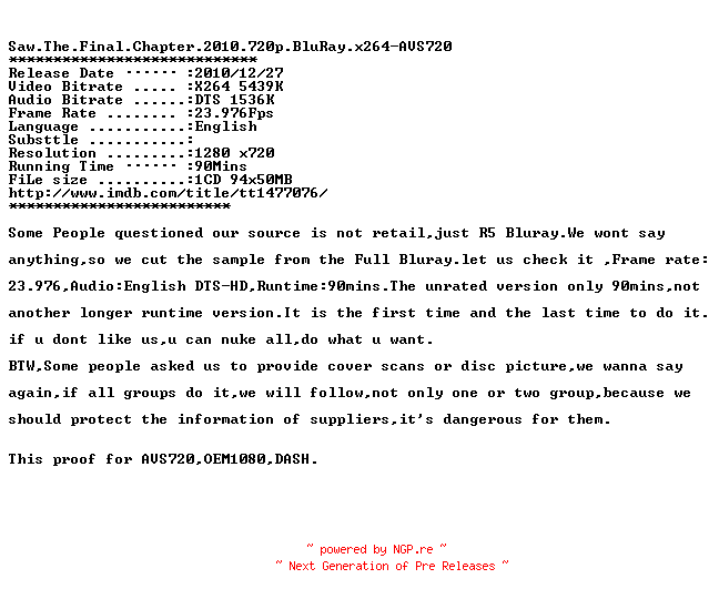 NFO for the release Saw.The.Final.Chapter.2010.Proof.READNFO.720p.BluRay.x264-AVS720 by AVS720