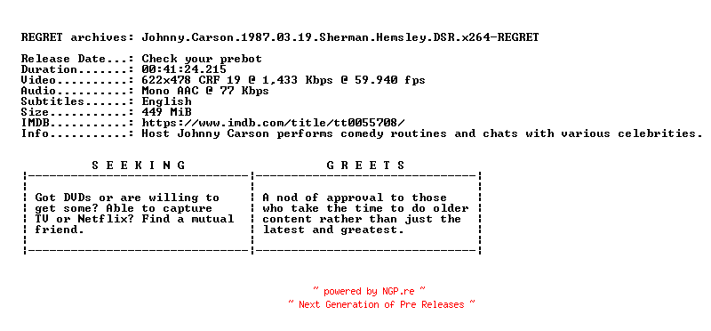 NFO for the release Johnny.Carson.1987.03.19.Sherman.Hemsley.DSR.x264-REGRET by REGRET
