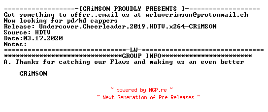 NFO for the release Undercover.Cheerleader.2019.HDTV.x264-CRiMSON by CRiMSON