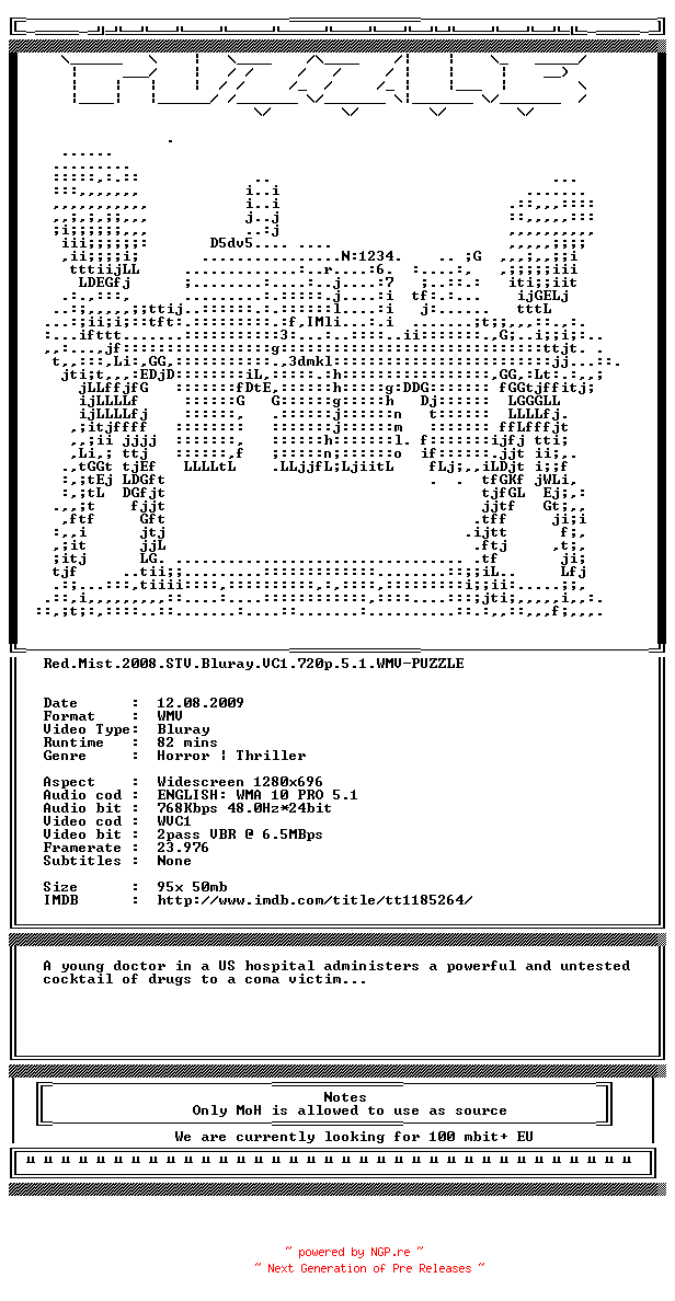 NFO for the release Red.Mist.2008.STV.Bluray.VC1.720p.5.1.WMV-PUZZLE by PUZZLE