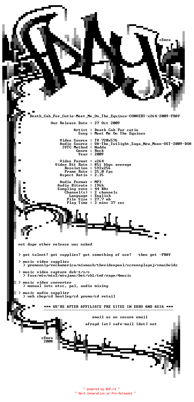 NFO for the release Death_Cab_For_Cutie-Meet_Me_On_The_Equinox-CONVERT-x264-2009-FRAY by FRAY