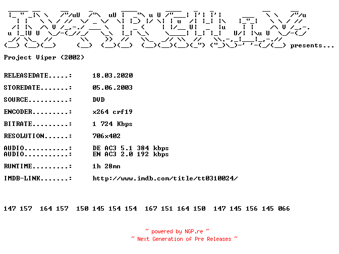 NFO for the release Project.Viper.2002.German.DL.DVDRip.x264.iNTERNAL-TVARCHiV by TVARCHiV