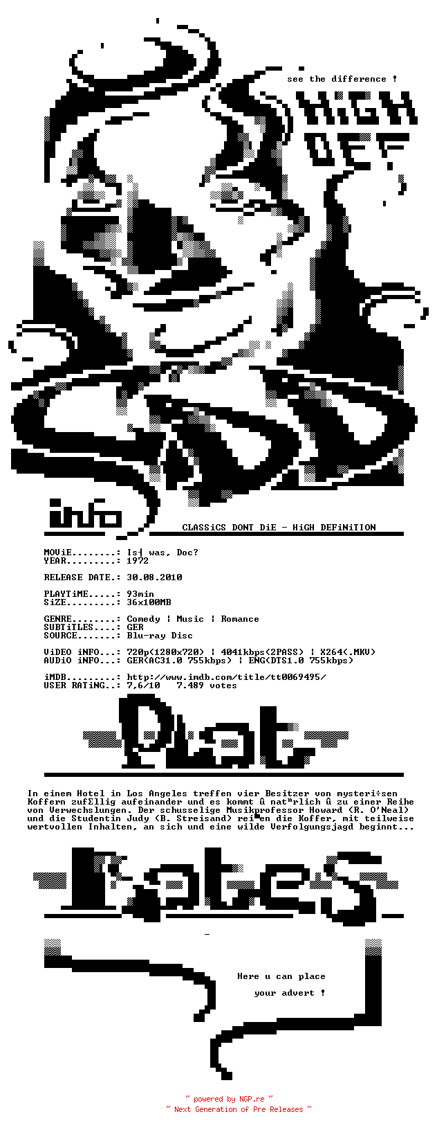 NFO for the release Is.Was.Doc.1972.German.DL.720p.BluRay.x264-CDD by CDD
