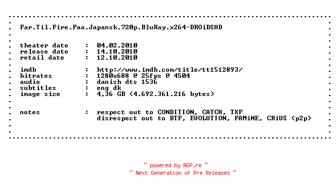 NFO for the release Far.Til.Fire.Paa.Japansk.720p.BluRay.x264-DROiDSHD by DROiDSHD