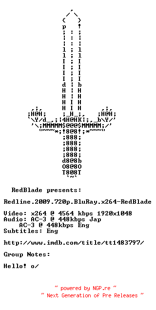 NFO for the release Redline.2009.720p.BluRay.x264-RedBlade by RedBlade