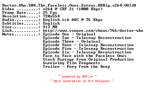NFO for the release Doctor.Who.S04.The.Faceless.Ones.Extras.BDRip.x264-OUIJA by OUIJA