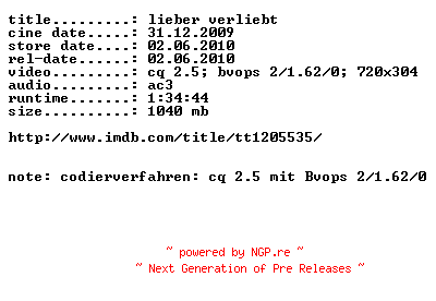 NFO for the release Lieber.verliebt.German.2009.AC3.BDRip.XviD.READ.NFO-BDXViD by BDXViD