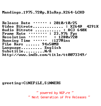 NFO for the release Mandingo.1975.720p.BluRay.X264-LCHD by LCHD