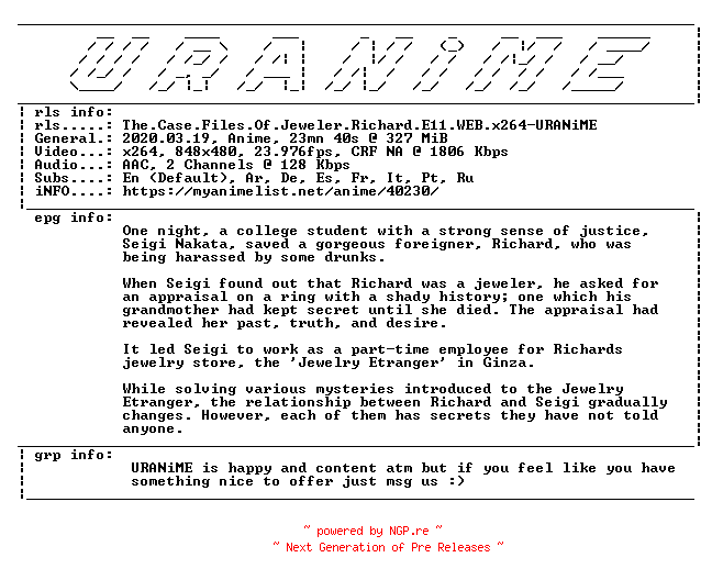 NFO for the release The.Case.Files.Of.Jeweler.Richard.E11.WEB.x264-URANiME by URANiME