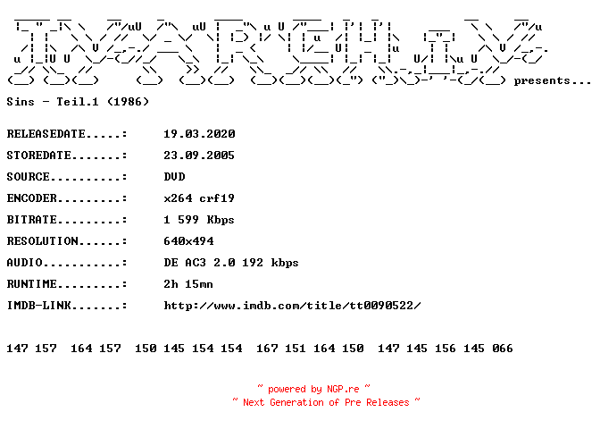 NFO for the release Sins.Teil.1.1986.German.DVDRip.x264.iNTERNAL-TVARCHiV by TVARCHiV