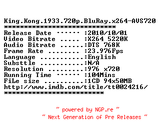 NFO for the release King.Kong.1933.720p.BluRay.x264-AVS720 by AVS720