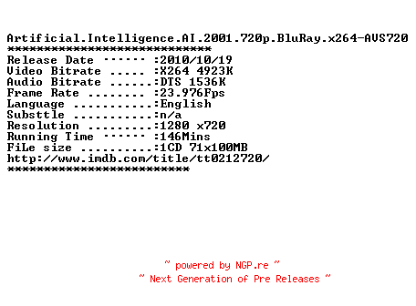 NFO for the release Artificial.Intelligence.AI.2001.720p.BluRay.x264-AVS720 by AVS720