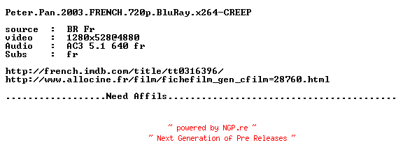 NFO for the release Peter.Pan.2003.FRENCH.720p.BluRay.x264-CREEP by CREEP