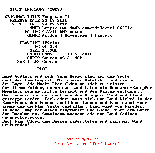 NFO for the release Storm.Warriors.German.2009.AC3.BDRip.XviD-DECENT by DECENT