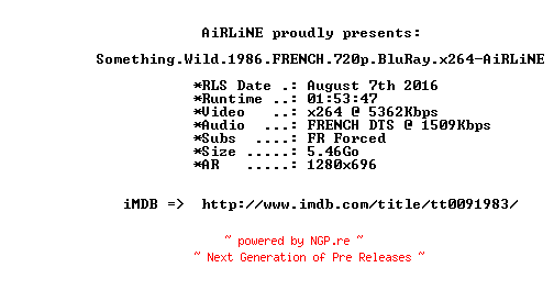 NFO for the release Something.Wild.1986.FRENCH.720p.BluRay.x264-AiRLiNE by AiRLiNE