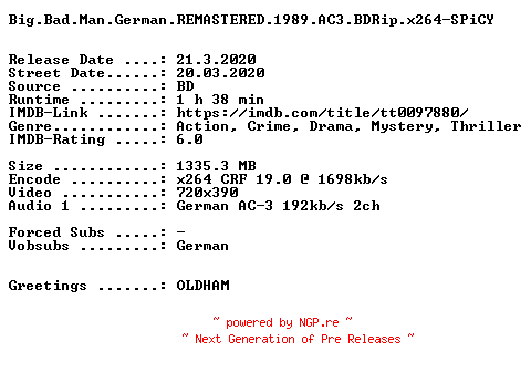 NFO for the release Big.Bad.Man.German.REMASTERED.1989.AC3.BDRip.x264-SPiCY by SPiCY