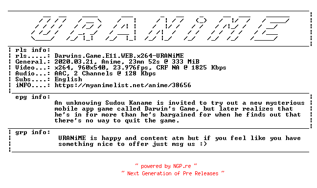 NFO for the release Darwins.Game.E11.WEB.x264-URANiME by URANiME