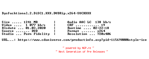NFO for the release Dysfucktional.2.DiSC1.XXX.DVDRip.x264-SUCKXXX by SUCKXXX