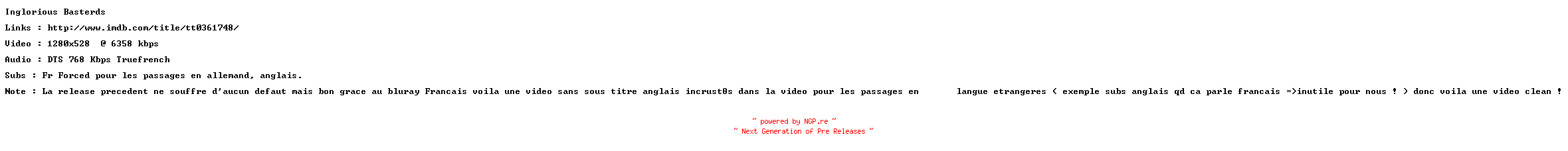NFO for the release Inglourious.Basterds.REPACK.720p.FRENCH.BluRay.x264-ForceBleue by ForceBleue