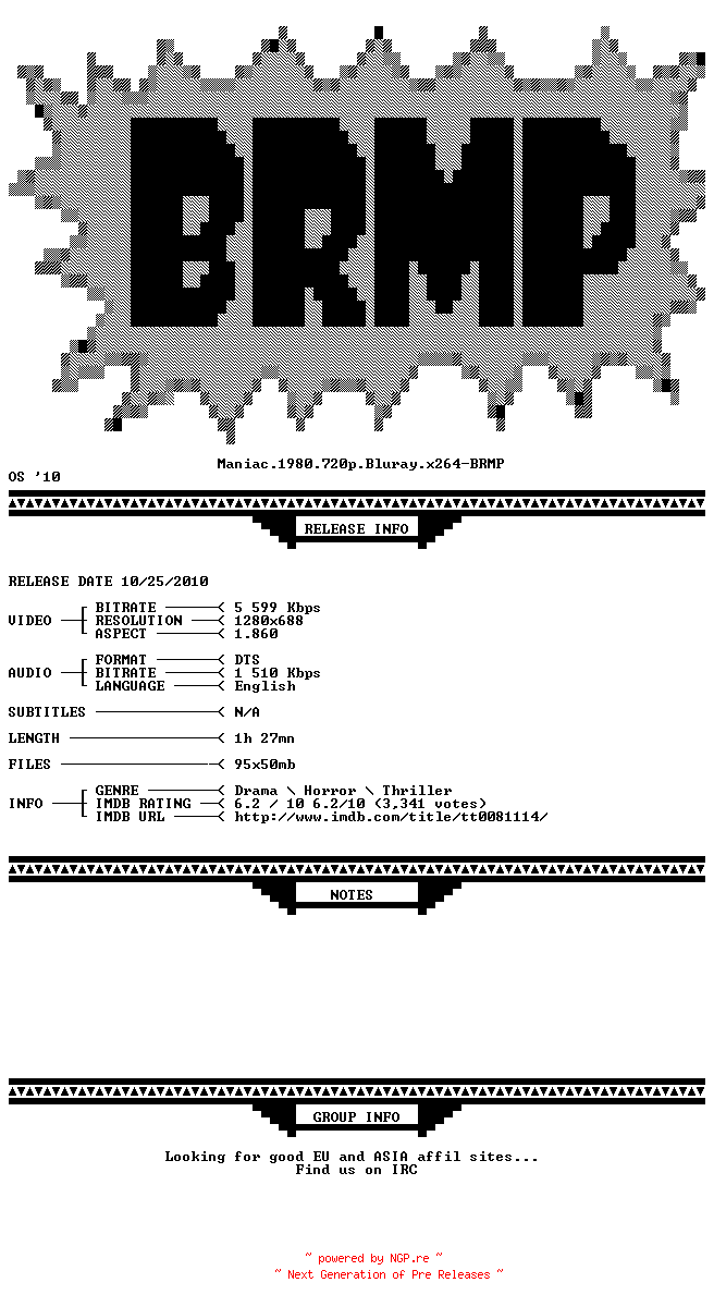 NFO for the release Maniac.1980.720p.BluRay.x264-BRMP by BRMP