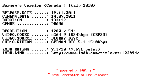 NFO for the release Barneys.Version.2010.German.720p.BluRay.x264-PRiViLEGED by PRiViLEGED