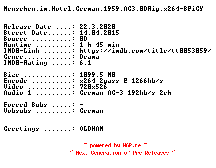 NFO for the release Menschen.im.Hotel.German.1959.AC3.BDRip.x264-SPiCY by SPiCY