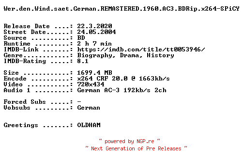NFO for the release Wer.den.Wind.saet.German.REMASTERED.1960.AC3.BDRip.x264-SPiCY by SPiCY