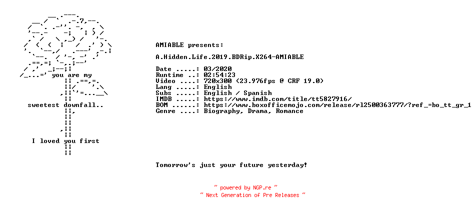 NFO for the release A.Hidden.Life.2019.BDRip.X264-AMIABLE by AMIABLE