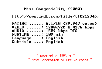 NFO for the release Miss.Congeniality.2000.720p.BLuRay.x264-MELiTE by MELiTE