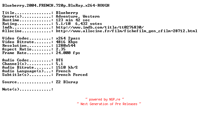 NFO for the release Blueberry.2004.FRENCH.720p.BluRay.x264-ROUGH by ROUGH