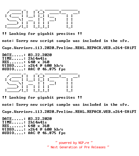 NFO for the release Cage.Warriors.113.2020.Prelims.REAL.REPACK.WEB.x264-SHiFT by SHiFT