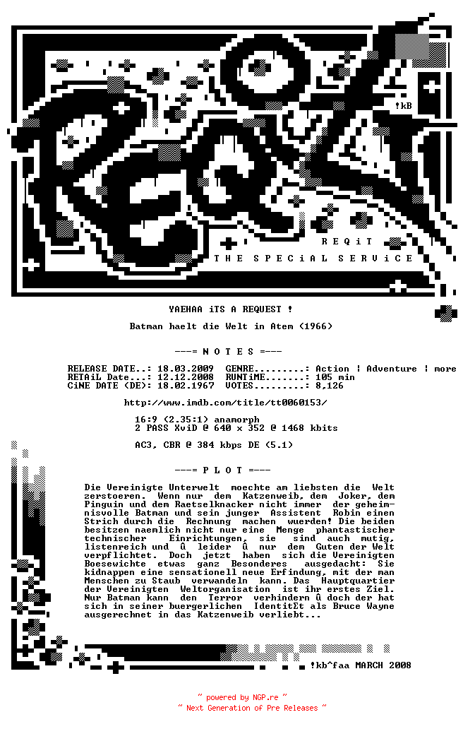 NFO for the release Batman.haelt.die.Welt.in.Atem.GERMAN.1966.AC3.BDRiP.XviD.iNTERNAL-REQiT by REQiT