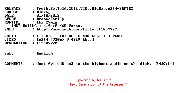 NFO for the release Truth.Be.Told.2011.720p.BluRay.x264-SEMTEX by SEMTEX