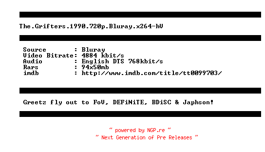 NFO for the release The.Grifters.1990.720p.Bluray.x264-hV by hV