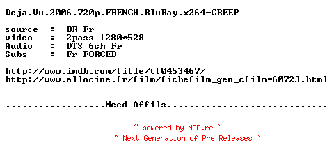 NFO for the release Deja.Vu.2006.720p.FRENCH.BluRay.x264-CREEP by CREEP