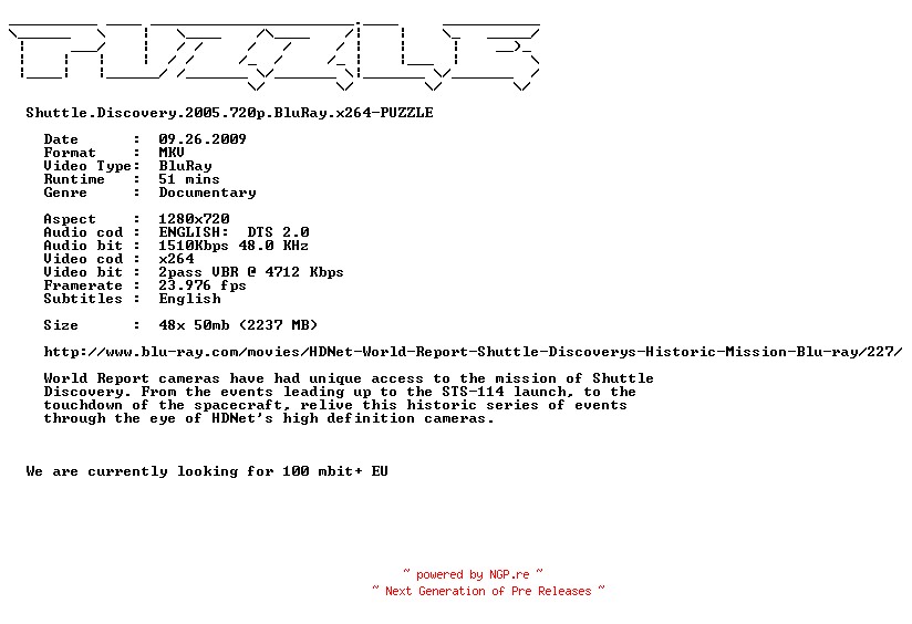 NFO for the release Shuttle.Discovery.2005.720p.BluRay.x264-PUZZLE by PUZZLE