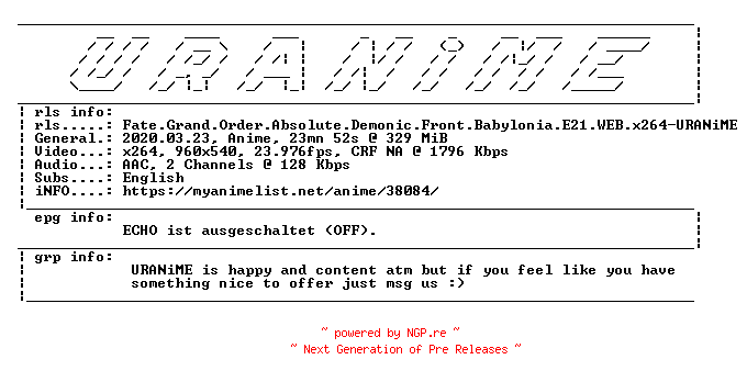 NFO for the release Fate.Grand.Order.Absolute.Demonic.Front.Babylonia.E21.WEB.x264-URANiME by URANiME