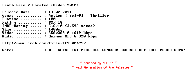 NFO for the release Death.Race.2.Unrated.German.2011.BDRiP.XviD-KiNDERWELT by KiNDERWELT
