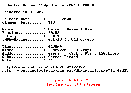 NFO for the release Redacted.German.720p.BluRay.x264-DEFUSED by DEFUSED
