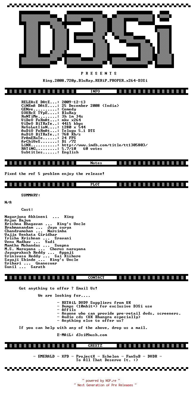 NFO for the release King.2008.720p.BluRay.RERiP.PROPER.x264-D3Si by D3Si