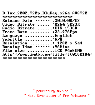 NFO for the release D-Tox.2002.720p.BluRay.x264-AVS720 by AVS720