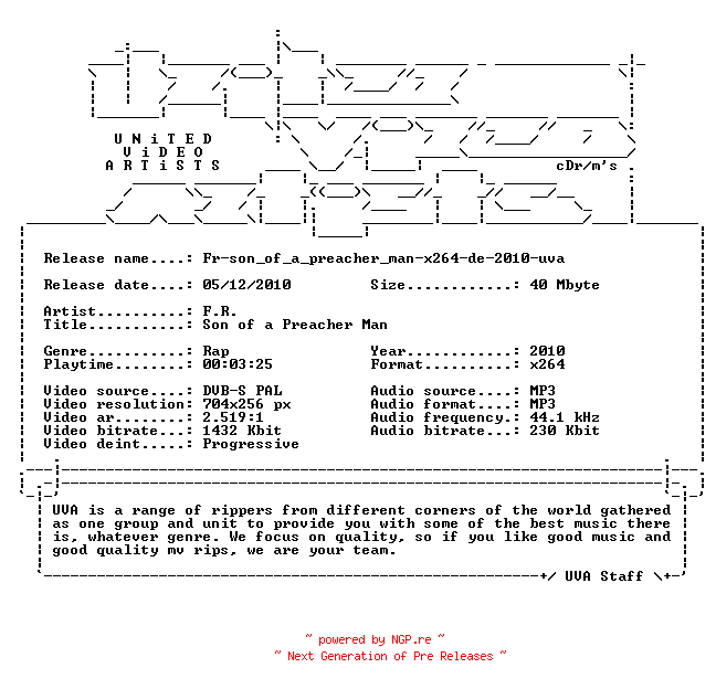 NFO for the release Fr-son_of_a_preacher_man-x264-de-2010-uva by uva