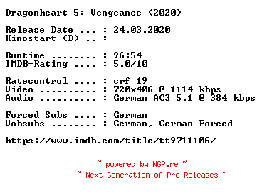 NFO for the release Dragonheart.5.Vengeance.German.2020.AC3.BDRip.x264-COiNCiDENCE by COiNCiDENCE