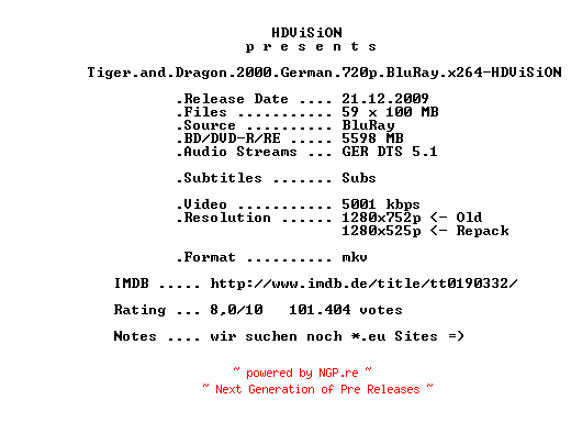 NFO for the release Tiger.and.Dragon.2000.German.REPACK.720p.BluRay.x264-HDViSiON by HDViSiON