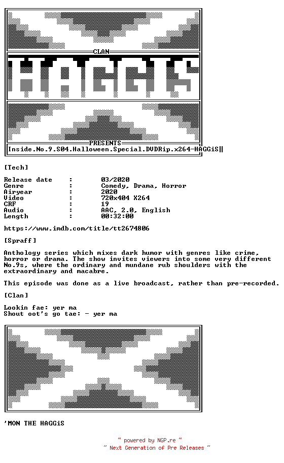 NFO for the release Inside.No.9.S04.Halloween.Special.Live.DVDRip.x264-HAGGiS by HAGGiS