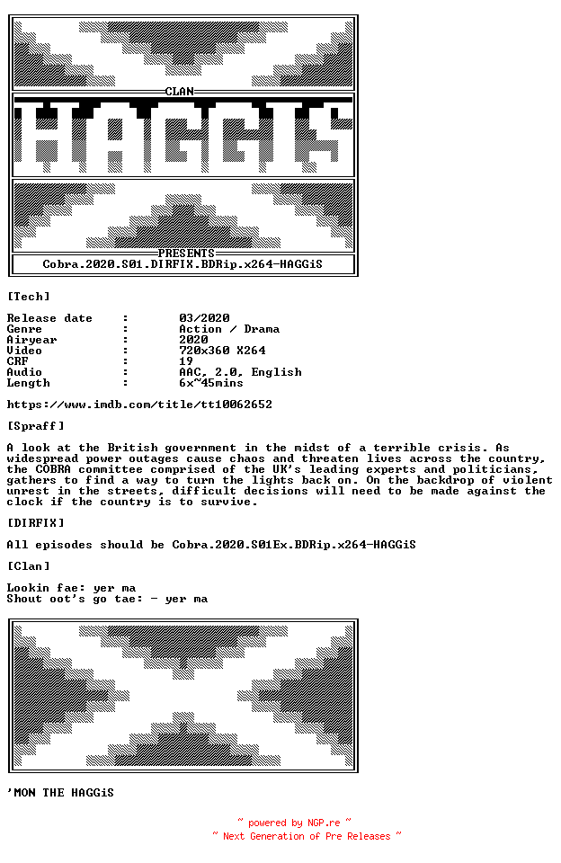 NFO for the release Cobra.2020.S01.DIRFIX.BDRip.x264-HAGGiS by HAGGiS