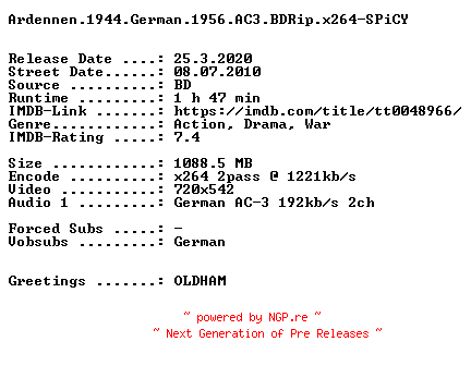 NFO for the release Ardennen.1944.German.1956.AC3.BDRip.x264-SPiCY by SPiCY