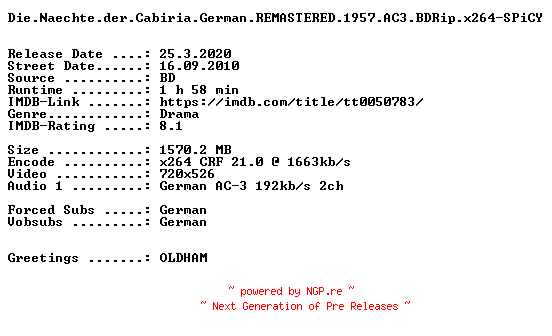 NFO for the release Die.Naechte.der.Cabiria.German.REMASTERED.1957.AC3.BDRip.x264-SPiCY by SPiCY