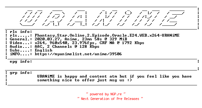 NFO for the release Phantasy.Star.Online.2.Episode.Oracle.E24.WEB.x264-URANiME by URANiME